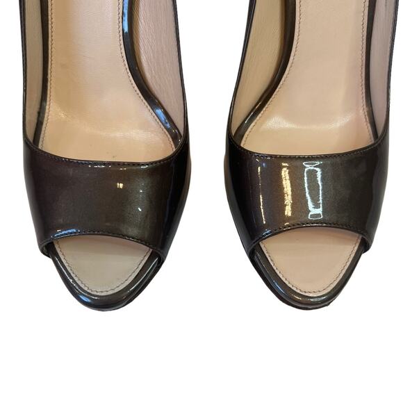Prada Womens Pantent Leather Napa Silk Sasso Brown Peep Toe Heels With Box 38.5 - Picture 5 of 16